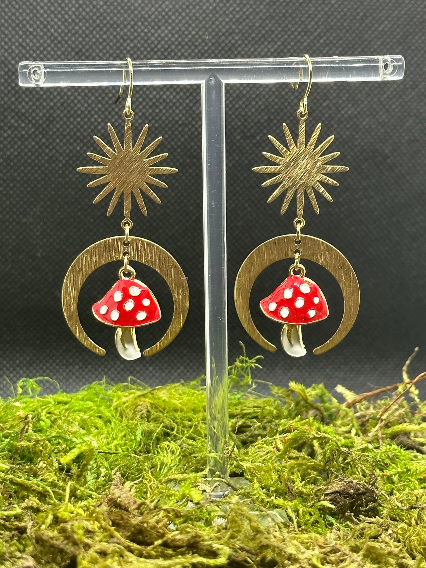 Brass Starburst with Crescent Moon & Enamel Mushroom