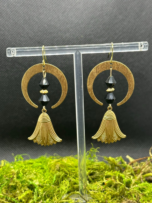 Brass Crescent Moons with Black Beads & Lotus
